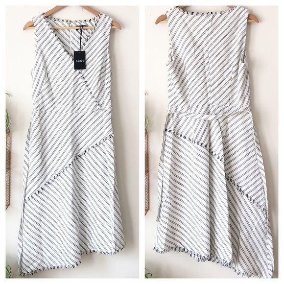 DKNY Asymmetrical Striped Dress w/ Pockets Clean Girl Coastal Minimalist Sz 10 - Picture 2 of 14
